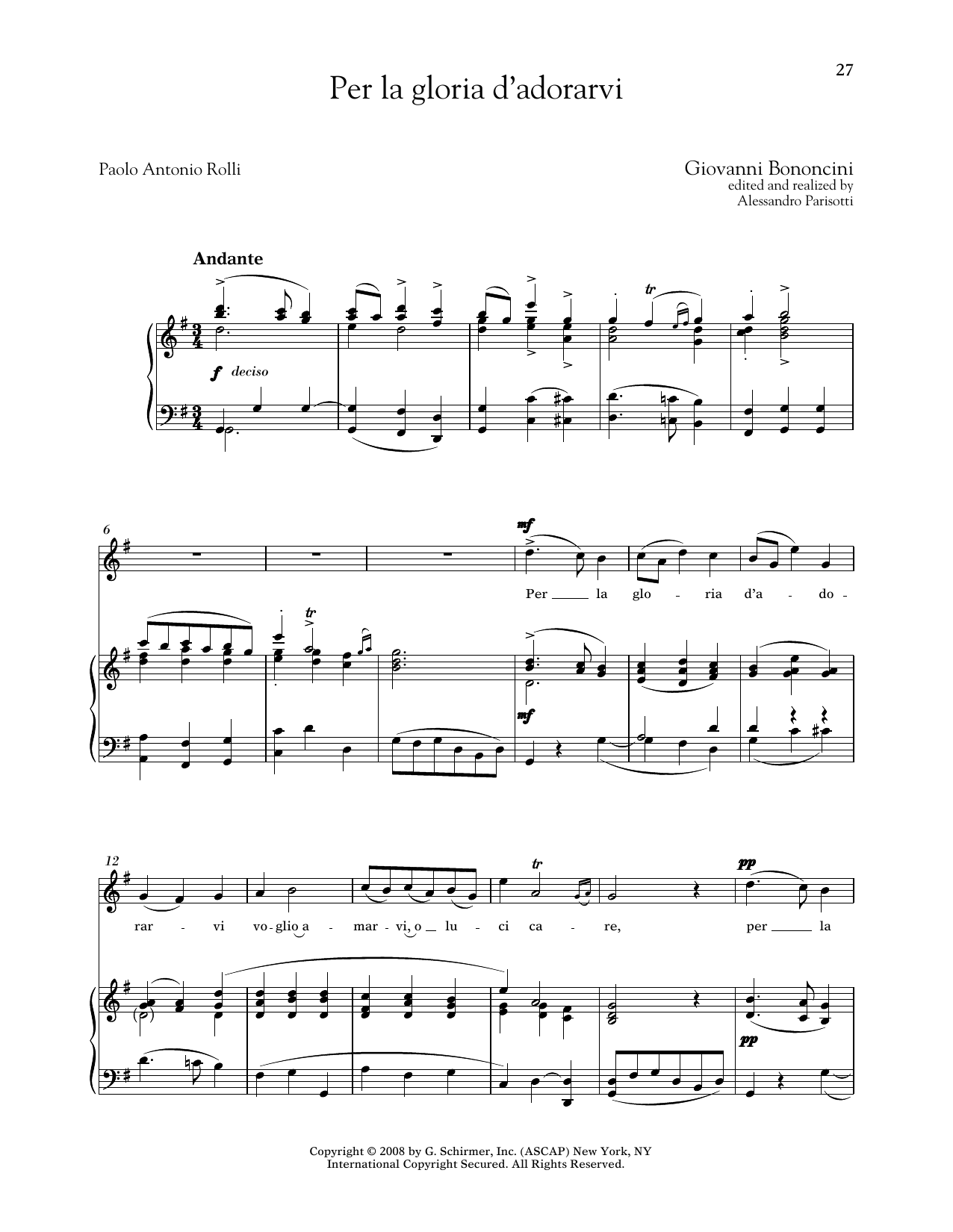 Giovanni Bononcini Per La Gloria D'adorarvi (Medium High Voice) sheet music, chords, lyrics - Printable PDF for Piano & Vocal