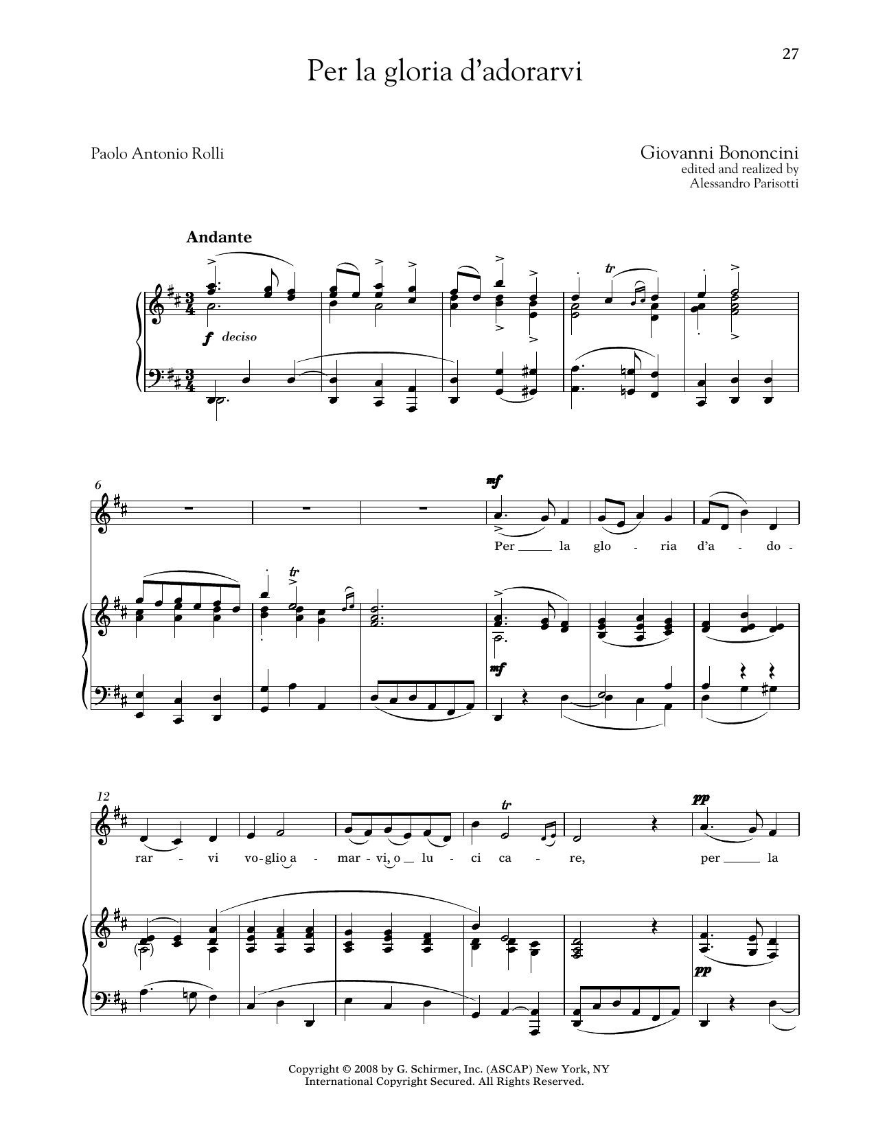 Giovanni Bononcini Per La Gloria D'adorarvi (Medium Low Voice) sheet music, chords, lyrics - Printable PDF for Piano & Vocal
