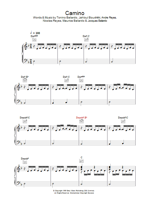Gipsy Kings Camino sheet music preview music notes and score for Piano, Vocal & Guitar including 10 page(s)