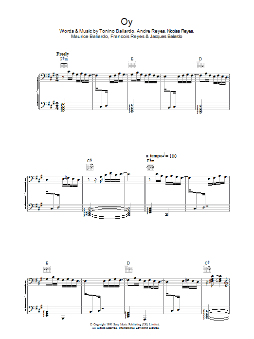 Gipsy Kings Oy sheet music preview music notes and score for Piano, Vocal & Guitar including 16 page(s)