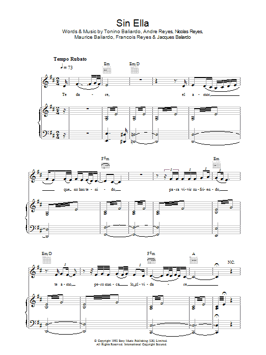 Gipsy Kings Sin Ella sheet music preview music notes and score for Piano, Vocal & Guitar including 11 page(s)