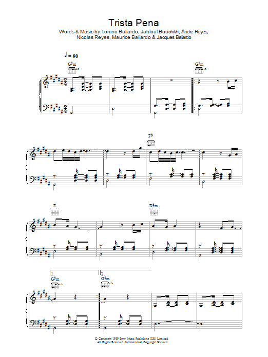 Gipsy Kings Trista Pena sheet music preview music notes and score for Piano, Vocal & Guitar including 8 page(s)