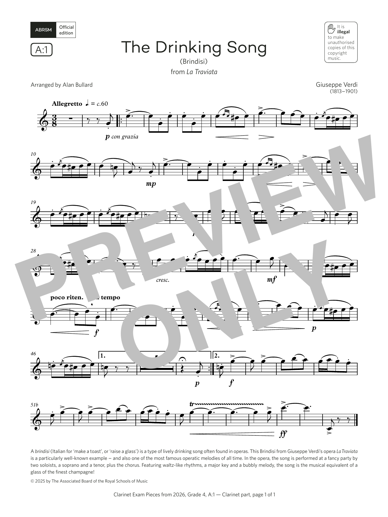 Giuseppe Verdi The Drinking Song (Grade 4, list A1, from the ABRSM Clarinet Syllabus from 2026) sheet music, chords, lyrics - Printable PDF for Clarinet Solo