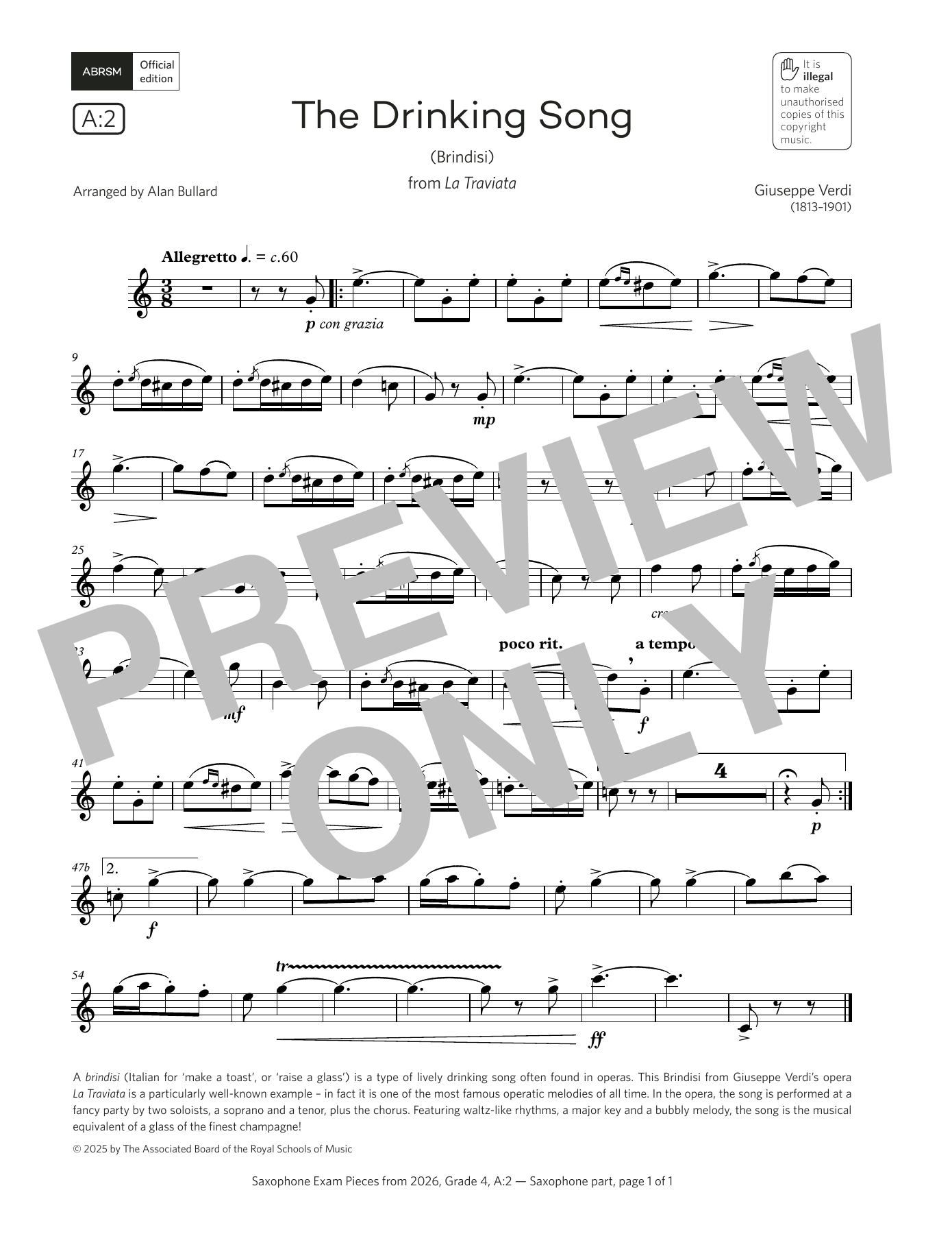 Giuseppe Verdi The Drinking Song (Grade 4, list A2, from the ABRSM Saxophone Syllabus from 2026) sheet music, chords, lyrics - Printable PDF for Alto Sax Solo