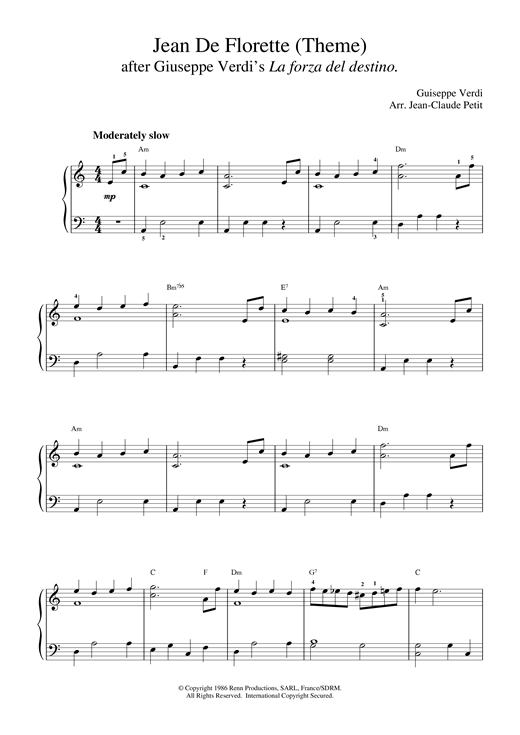Learn to play Giuseppe Verdi Jean De Florette sheet music for Piano in minutes. Giuseppe Verdi Jean De Florette sheet music notes and chords