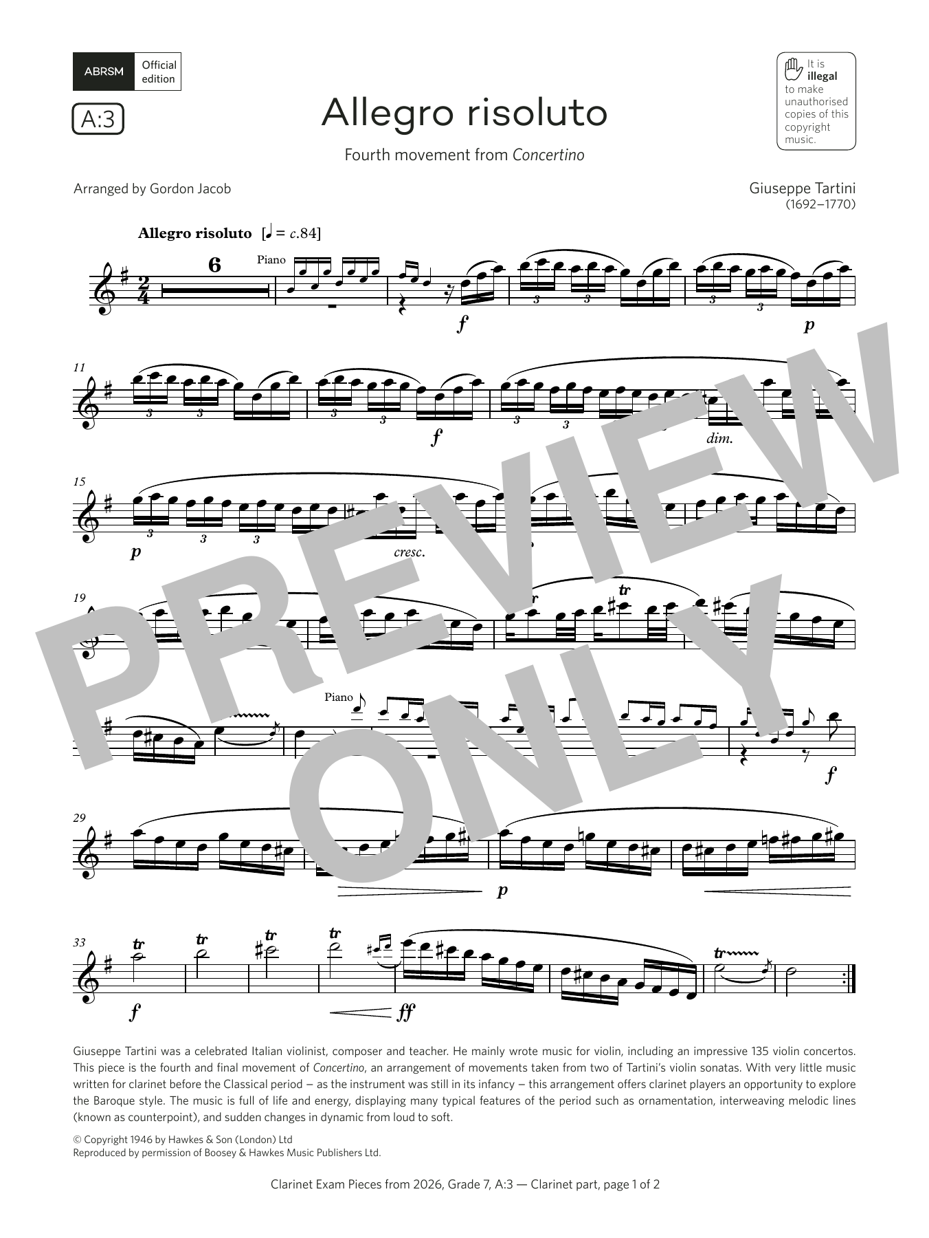 Giuseppi Tartini Allegro risoluto (Grade 7, list A3, from the ABRSM Clarinet Syllabus from 2026) sheet music, chords, lyrics - Printable PDF for Clarinet Solo