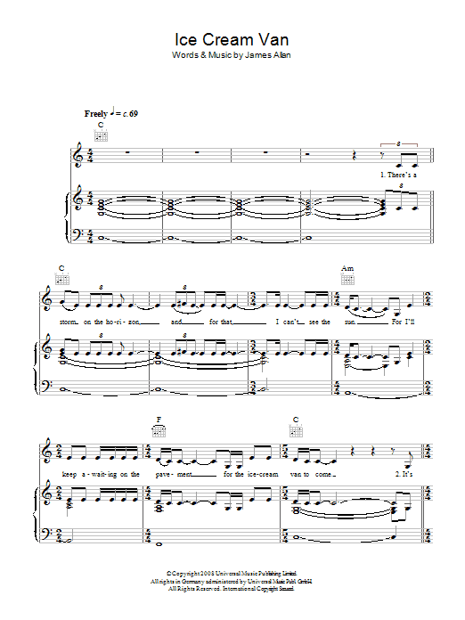 Learn to play Glasvegas Ice Cream Van sheet music for Piano, Vocal & Guitar (Right-Hand Melody) in minutes. Glasvegas Ice Cream Van sheet music preview music notes and score for Piano, Vocal & Guitar (Right-Hand Melody) including 5 page(s)