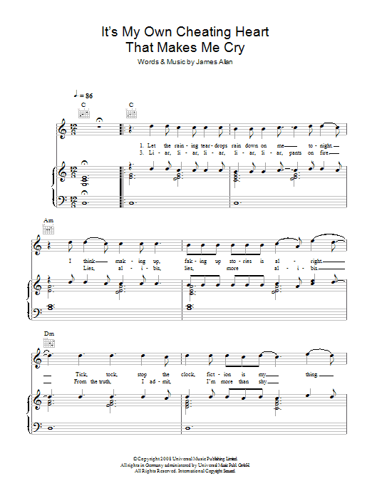 Learn to play Glasvegas It's My Own Cheating Heart That Makes Me Cry sheet music for Piano, Vocal & Guitar (Right-Hand Melody) in minutes. Glasvegas It's My Own Cheating Heart That Makes Me Cry sheet music preview music notes and score for Piano, Vocal & Guitar (Right-Hand Melody) including 6 page(s)