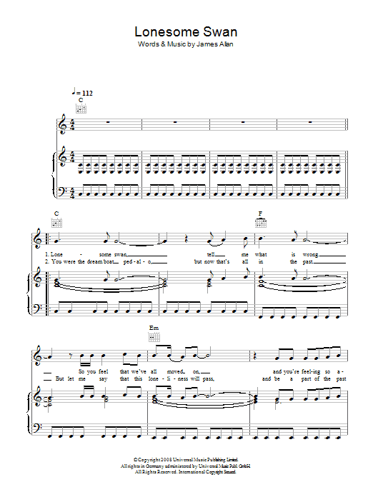 Learn to play Glasvegas Lonesome Swan sheet music for Piano, Vocal & Guitar (Right-Hand Melody) in minutes. Glasvegas Lonesome Swan sheet music preview music notes and score for Piano, Vocal & Guitar (Right-Hand Melody) including 4 page(s)