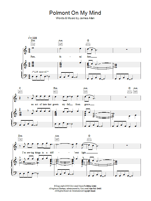 Learn to play Glasvegas Polmont On My Mind sheet music for Piano, Vocal & Guitar (Right-Hand Melody) in minutes. Glasvegas Polmont On My Mind sheet music preview music notes and score for Piano, Vocal & Guitar (Right-Hand Melody) including 4 page(s)