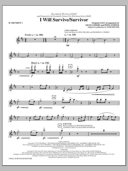 Glee Cast I Will Survive/Survivor (arr. Mark Brymer) - Bb Trumpet 1 sheet music, chords, lyrics - Printable PDF for Choir Instrumental Pak