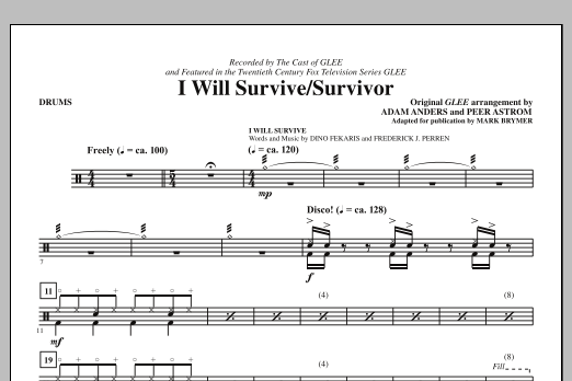 Glee Cast I Will Survive/Survivor (arr. Mark Brymer) - Drums sheet music, chords, lyrics - Printable PDF for Choir Instrumental Pak