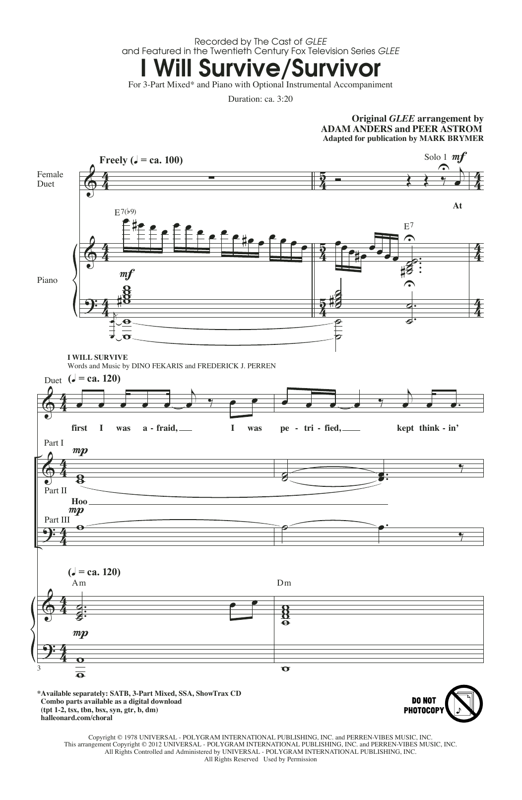 Glee Cast I Will Survive/Survivor (arr. Mark Brymer) sheet music, chords, lyrics - Printable PDF for 3-Part Mixed Choir