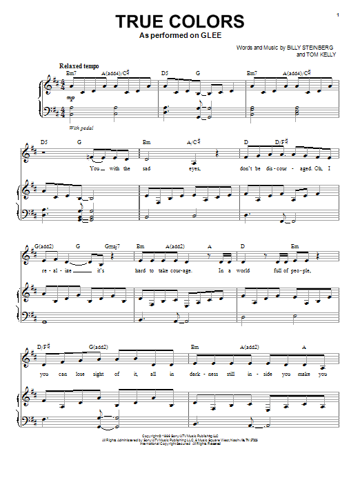 Glee Cast True Colors sheet music, chords, lyrics - Printable PDF for Piano & Vocal