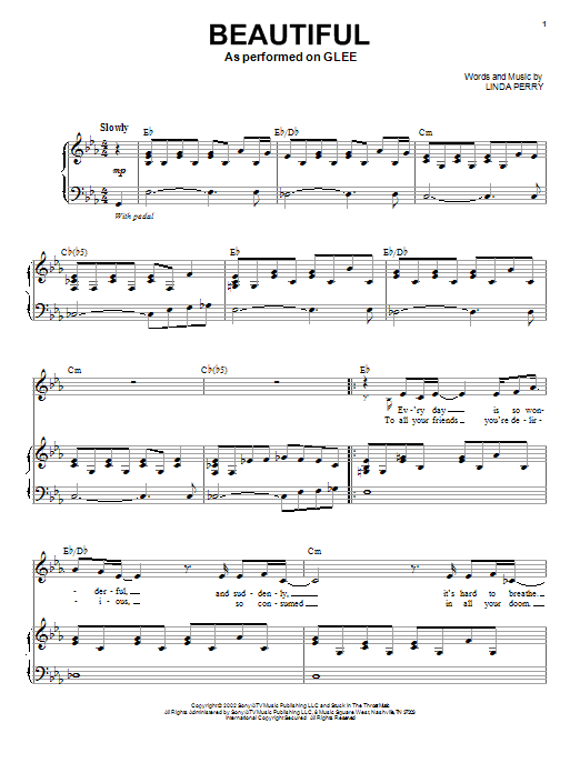 Learn to play Glee Cast Beautiful sheet music for Piano, Vocal & Guitar (Right-Hand Melody) in minutes. Glee Cast Beautiful sheet music preview music notes and score for Piano, Vocal & Guitar (Right-Hand Melody) including 7 page(s)