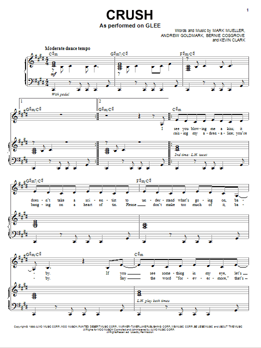 Learn to play Glee Cast Crush sheet music for Piano, Vocal & Guitar (Right-Hand Melody) in minutes. Glee Cast Crush sheet music preview music notes and score for Piano, Vocal & Guitar (Right-Hand Melody) including 5 page(s)