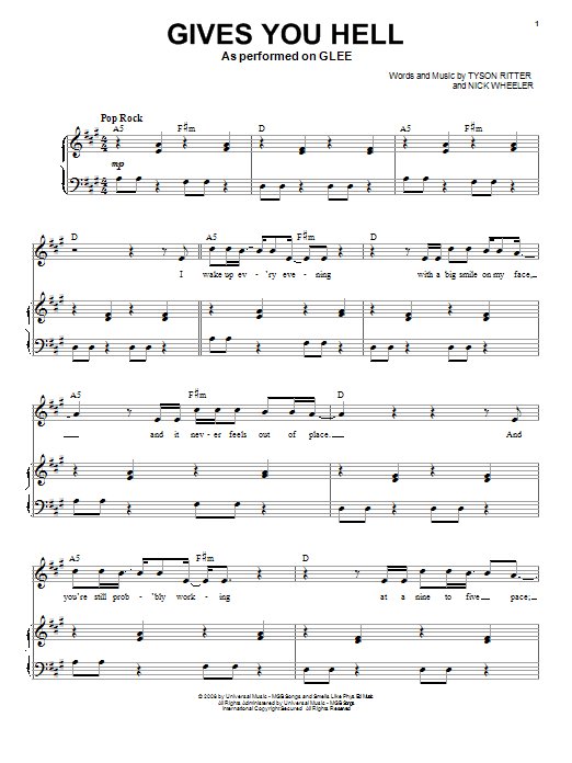 Learn to play Glee Cast Gives You Hell sheet music for Piano & Vocal in minutes. Glee Cast Gives You Hell sheet music preview music notes and score for Piano & Vocal including 8 page(s)