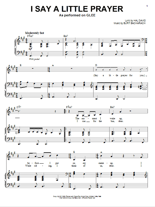 Learn to play Glee Cast I Say A Little Prayer sheet music for Piano, Vocal & Guitar (Right-Hand Melody) in minutes. Glee Cast I Say A Little Prayer sheet music preview music notes and score for Piano, Vocal & Guitar (Right-Hand Melody) including 3 page(s)