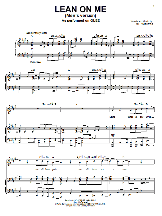Learn to play Glee Cast Lean On Me sheet music for Piano, Vocal & Guitar (Right-Hand Melody) in minutes. Glee Cast Lean On Me sheet music preview music notes and score for Piano, Vocal & Guitar (Right-Hand Melody) including 10 page(s)
