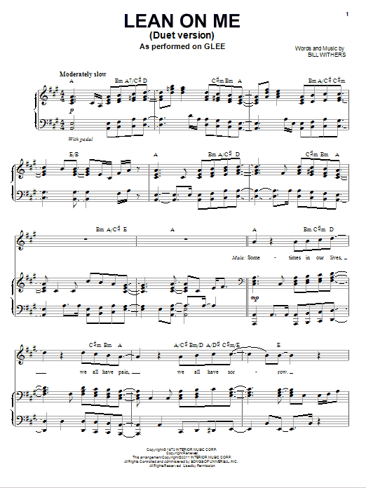 Learn to play Glee Cast Lean On Me (Vocal Duet) sheet music for Piano & Vocal in minutes. Glee Cast Lean On Me (Vocal Duet) sheet music preview music notes and score for Piano & Vocal including 10 page(s)