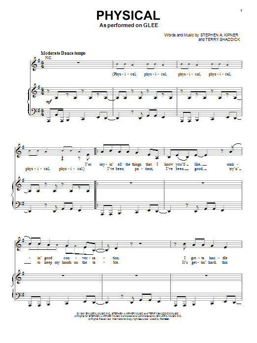 Learn to play Glee Cast Physical sheet music for Piano & Vocal in minutes. Glee Cast Physical sheet music preview music notes and score for Piano & Vocal including 5 page(s)