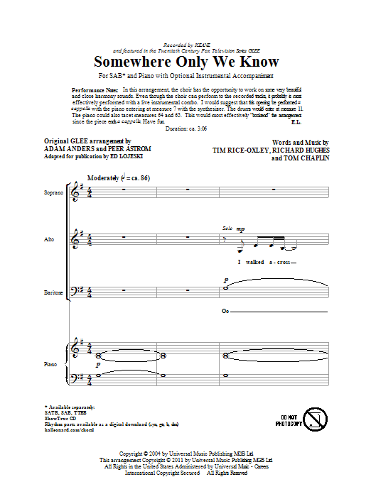 Learn to play Keane Somewhere Only We Know (arr. Ed Lojeski) sheet music for SAB in minutes. Keane Somewhere Only We Know (arr. Ed Lojeski) sheet music preview music notes and score for SAB including 11 page(s)