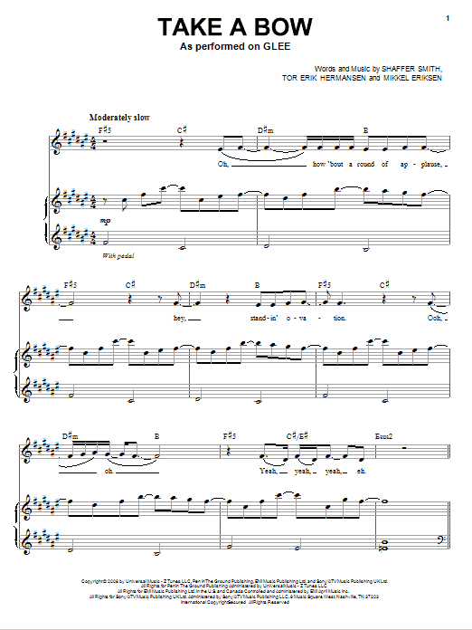 Learn to play Glee Cast Take A Bow sheet music for Piano & Vocal in minutes. Glee Cast Take A Bow sheet music preview music notes and score for Piano & Vocal including 5 page(s)