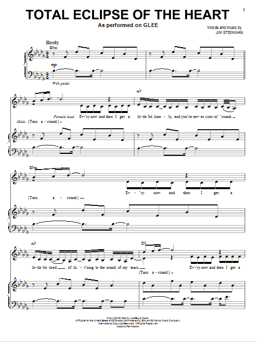 Learn to play Glee Cast Total Eclipse Of The Heart sheet music for Piano, Vocal & Guitar (Right-Hand Melody) in minutes. Glee Cast Total Eclipse Of The Heart sheet music preview music notes and score for Piano, Vocal & Guitar (Right-Hand Melody) including 9 page(s)