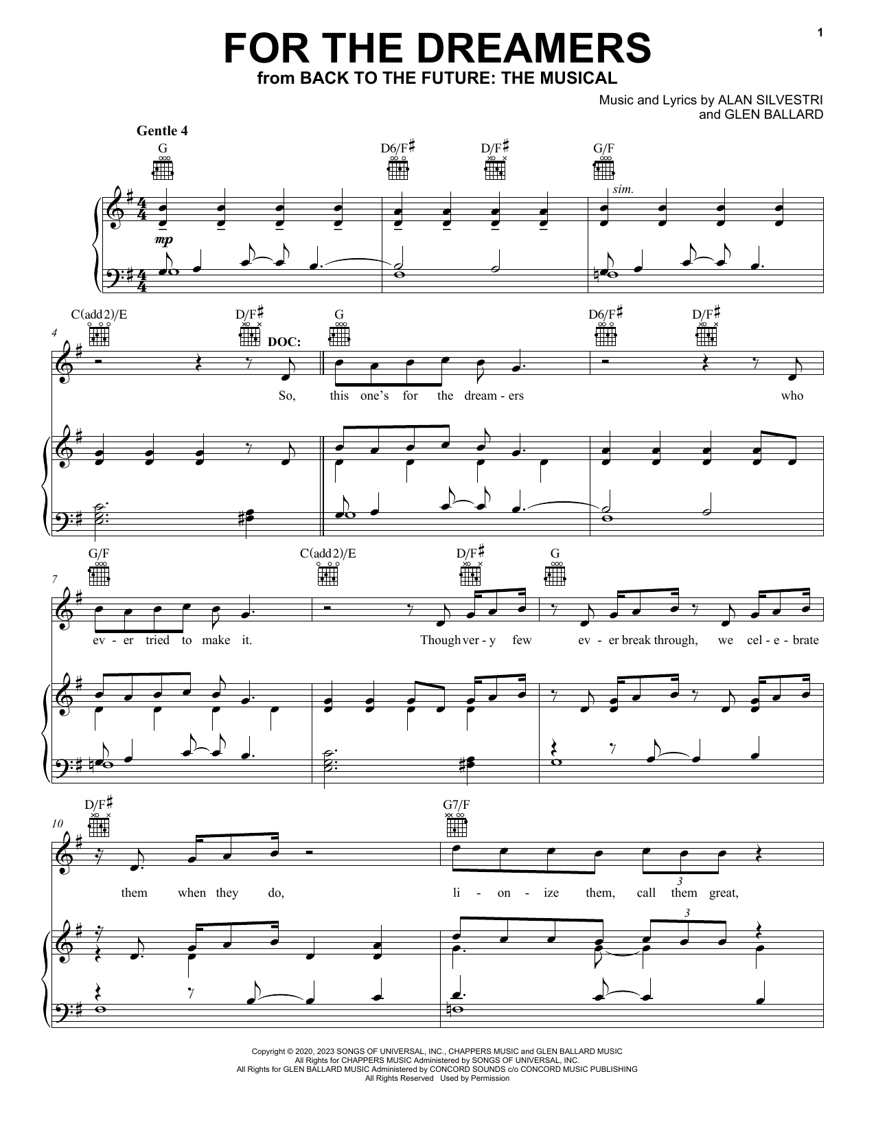 Glen Ballard and Alan Silvestri For The Dreamers (from Back To The Future: The Musical) sheet music, chords, lyrics - Printable PDF for Piano & Vocal