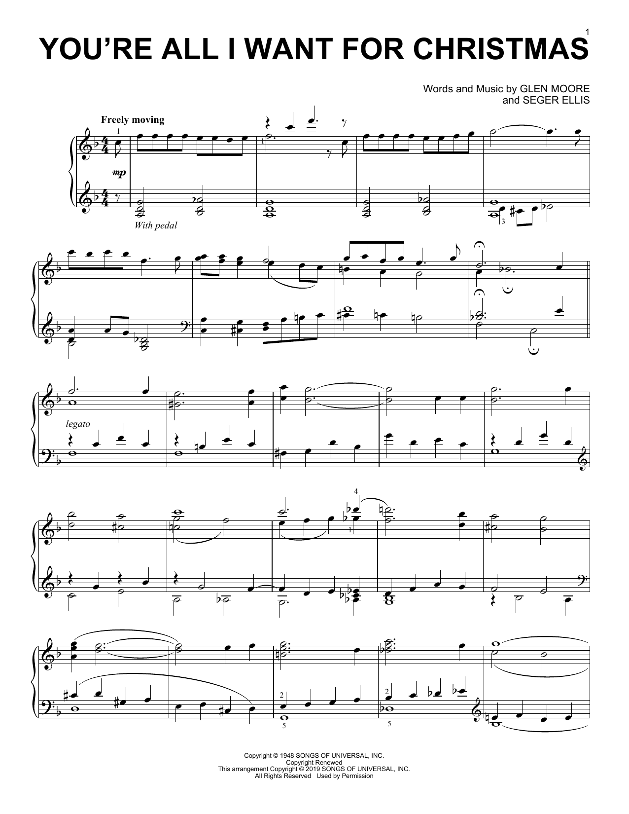 Glen Moore and Seger Ellis You're All I Want For Christmas sheet music, chords, lyrics - Printable PDF for Piano Solo