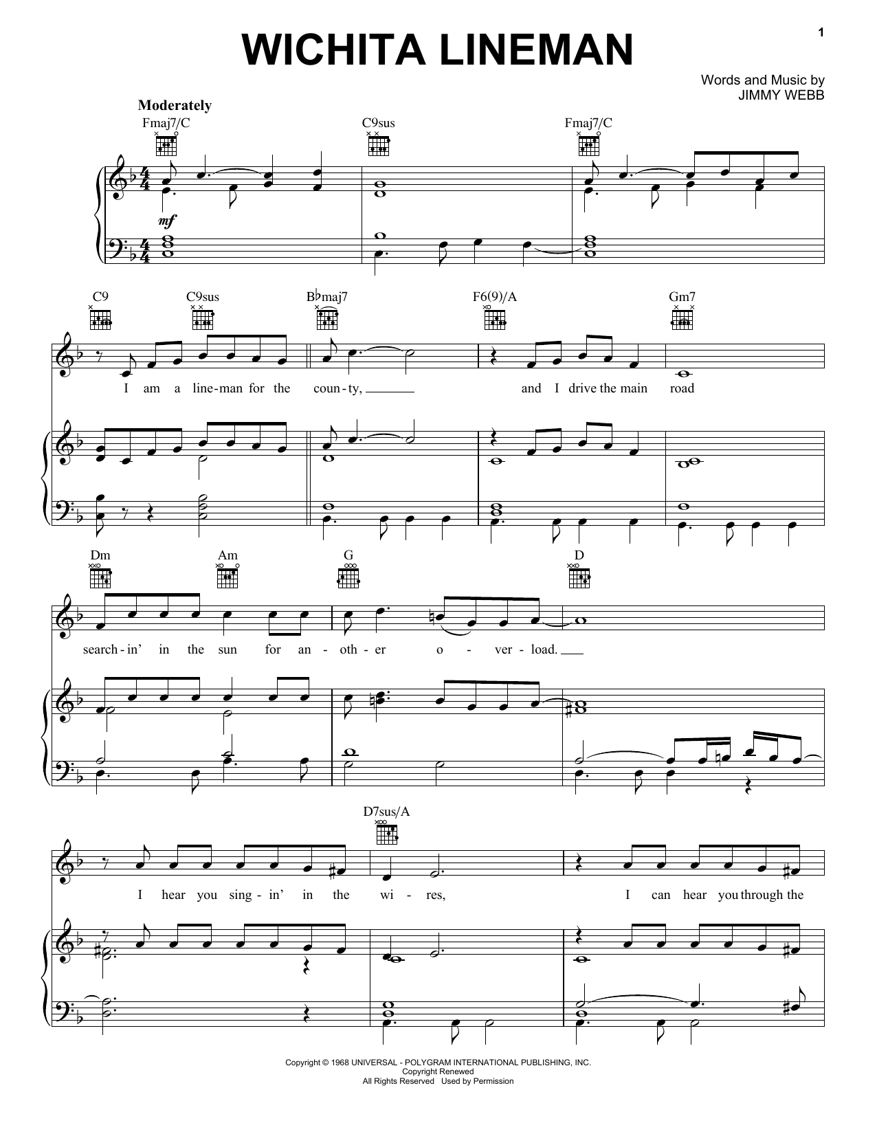 Learn to play Glen Campbell Wichita Lineman sheet music for Piano, Vocal & Guitar (Right-Hand Melody) in minutes. Glen Campbell Wichita Lineman sheet music notes and chords