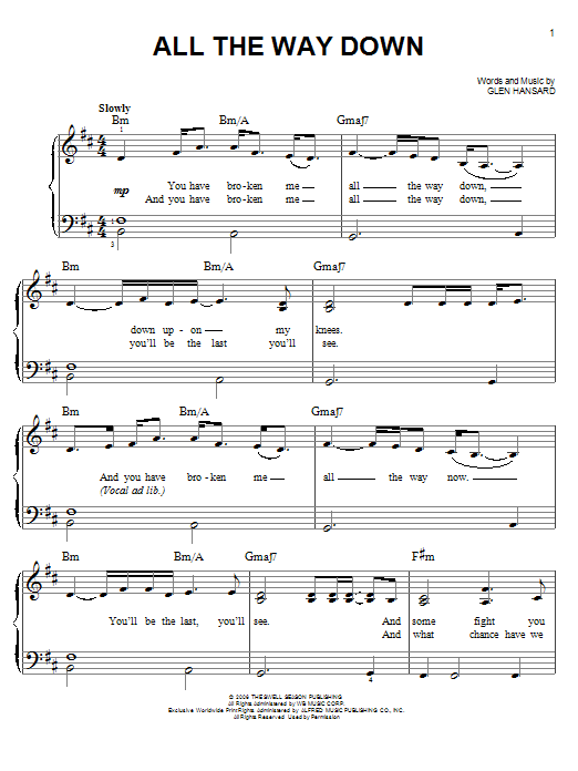 Learn to play Glen Hansard All The Way Down sheet music for Easy Piano in minutes. Glen Hansard All The Way Down sheet music preview music notes and score for Easy Piano including 3 page(s)