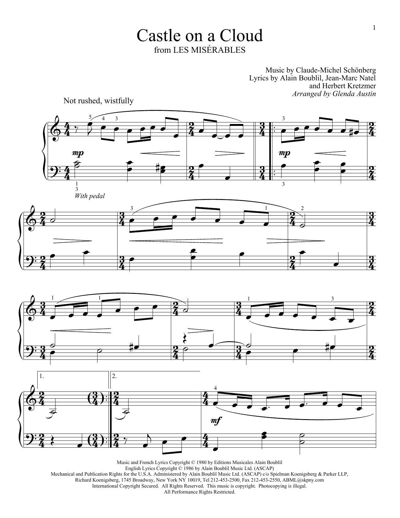 Learn to play Glenda Austin Castle On A Cloud sheet music for Easy Piano in minutes. Glenda Austin Castle On A Cloud sheet music preview music notes and score for Easy Piano including 2 page(s)