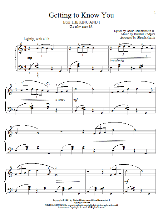 Learn to play Rodgers & Hammerstein Getting To Know You sheet music for Easy Piano in minutes. Rodgers & Hammerstein Getting To Know You sheet music preview music notes and score for Easy Piano including 3 page(s)