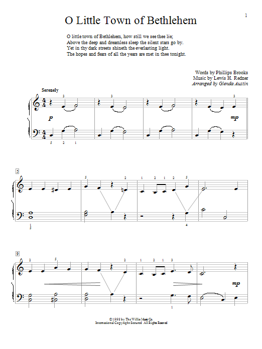 Learn to play Glenda Austin O Little Town Of Bethlehem sheet music for Piano in minutes. Glenda Austin O Little Town Of Bethlehem sheet music preview music notes and score for Piano including 2 page(s)