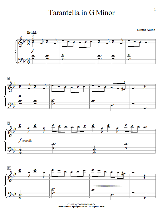 Learn to play Glenda Austin Tarantella In G Minor sheet music for Easy Piano in minutes. Glenda Austin Tarantella In G Minor sheet music preview music notes and score for Easy Piano including 4 page(s)