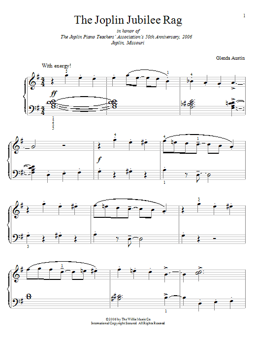 Learn to play Glenda Austin The Joplin Jubilee Rag sheet music for Easy Piano in minutes. Glenda Austin The Joplin Jubilee Rag sheet music preview music notes and score for Easy Piano including 4 page(s)