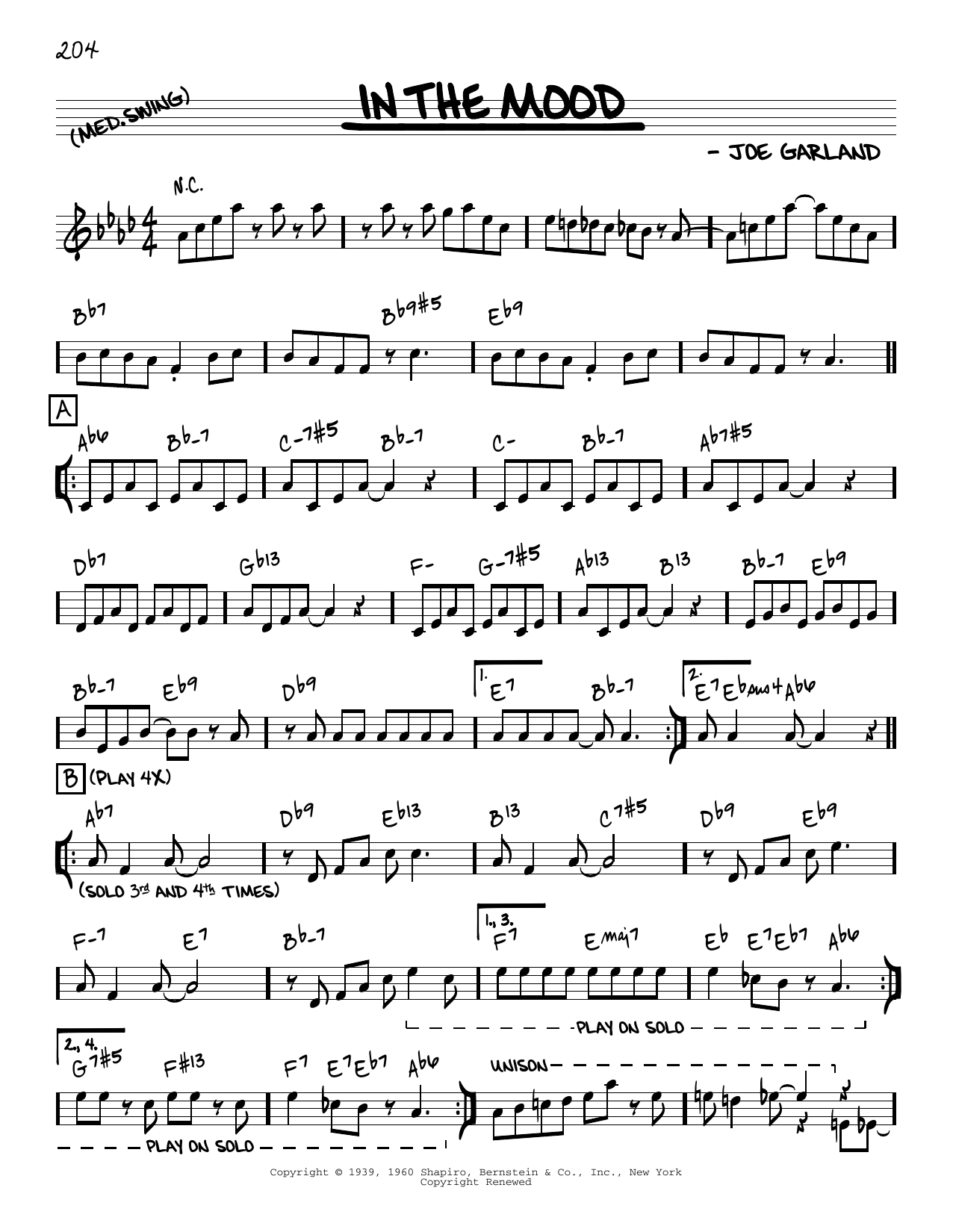 Glenn Miller & His Orchestra In The Mood [Reharmonized version] (arr. Jack Grassel) sheet music, chords, lyrics - Printable PDF for Real Book – Melody & Chords
