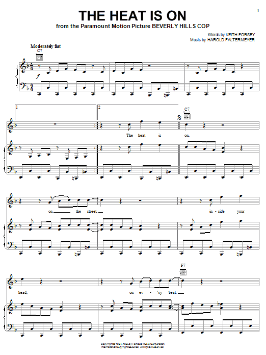 Learn to play Glenn Frey The Heat Is On (from Beverly Hills Cop) sheet music for Piano, Vocal & Guitar (Right-Hand Melody) in minutes. Glenn Frey The Heat Is On (from Beverly Hills Cop) sheet music notes and chords
