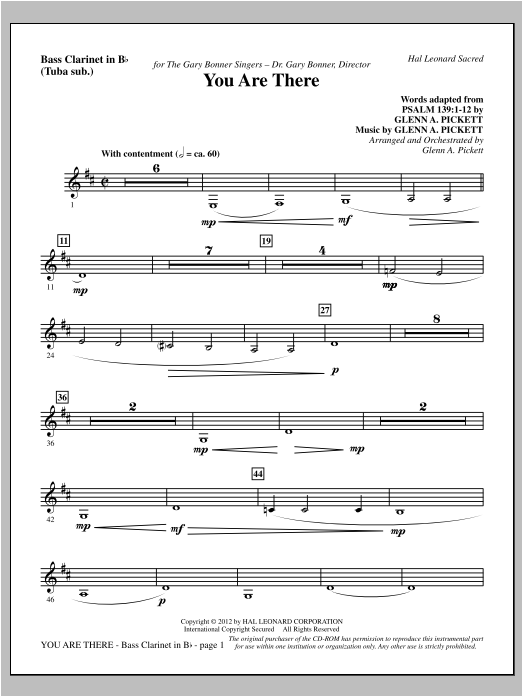 Learn to play Glenn Pickett You Are There - Bass Clarinet (sub. Tuba) sheet music for Choir Instrumental Pak in minutes. Glenn Pickett You Are There - Bass Clarinet (sub. Tuba) sheet music preview music notes and score for Choir Instrumental Pak including 3 page(s)