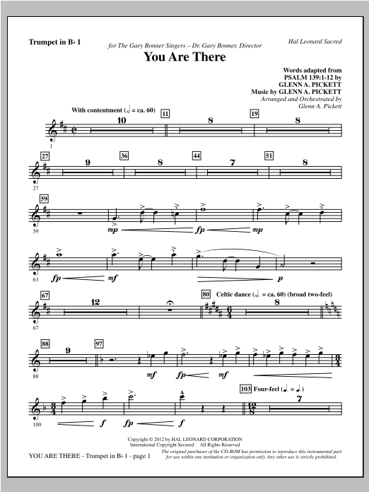 Learn to play Glenn Pickett You Are There - Bb Trumpet 1 sheet music for Choir Instrumental Pak in minutes. Glenn Pickett You Are There - Bb Trumpet 1 sheet music preview music notes and score for Choir Instrumental Pak including 2 page(s)