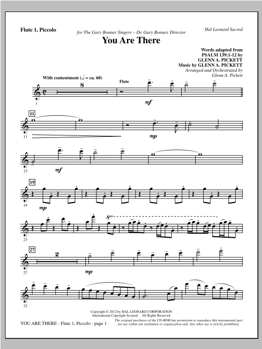 Learn to play Glenn Pickett You Are There - Flute 1/Piccolo sheet music for Choir Instrumental Pak in minutes. Glenn Pickett You Are There - Flute 1/Piccolo sheet music preview music notes and score for Choir Instrumental Pak including 4 page(s)