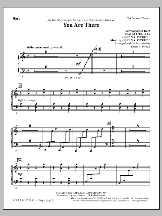 Learn to play Glenn Pickett You Are There - Harp sheet music for Choir Instrumental Pak in minutes. Glenn Pickett You Are There - Harp sheet music preview music notes and score for Choir Instrumental Pak including 4 page(s)