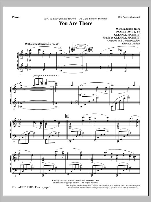 Learn to play Glenn Pickett You Are There - Piano sheet music for Choir Instrumental Pak in minutes. Glenn Pickett You Are There - Piano sheet music preview music notes and score for Choir Instrumental Pak including 8 page(s)