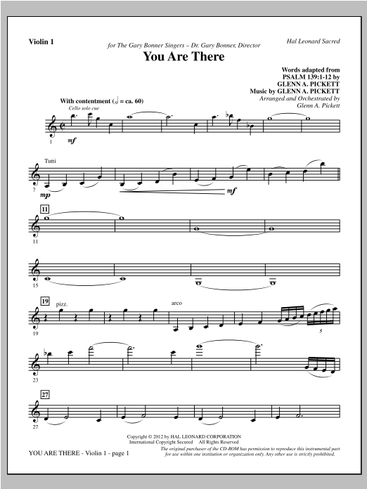 Learn to play Glenn Pickett You Are There - Violin 1 sheet music for Choir Instrumental Pak in minutes. Glenn Pickett You Are There - Violin 1 sheet music preview music notes and score for Choir Instrumental Pak including 5 page(s)