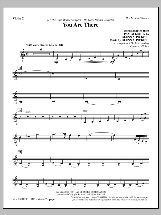 Learn to play Glenn Pickett You Are There - Violin 2 sheet music for Choir Instrumental Pak in minutes. Glenn Pickett You Are There - Violin 2 sheet music preview music notes and score for Choir Instrumental Pak including 5 page(s)