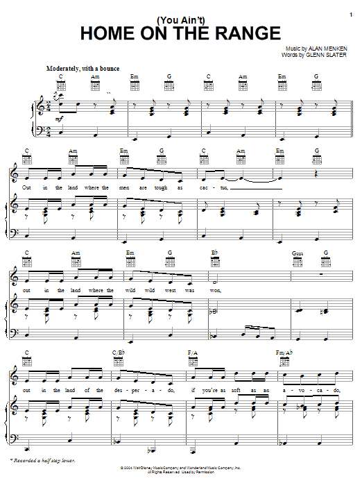 Learn to play Glenn Slater (You Ain't) Home On The Range - Main Title sheet music for Piano, Vocal & Guitar (Right-Hand Melody) in minutes. Glenn Slater (You Ain't) Home On The Range - Main Title sheet music preview music notes and score for Piano, Vocal & Guitar (Right-Hand Melody) including 3 page(s)