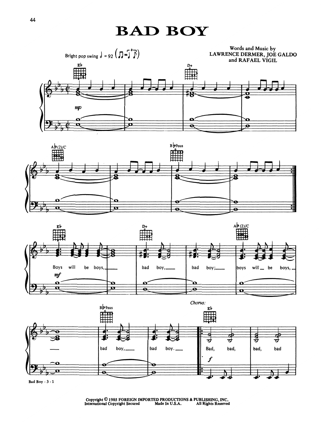 Gloria Estefan & Miami Sound Machine Bad Boy sheet music, chords, lyrics - Printable PDF for Piano, Vocal & Guitar (Right-Hand Melody)
