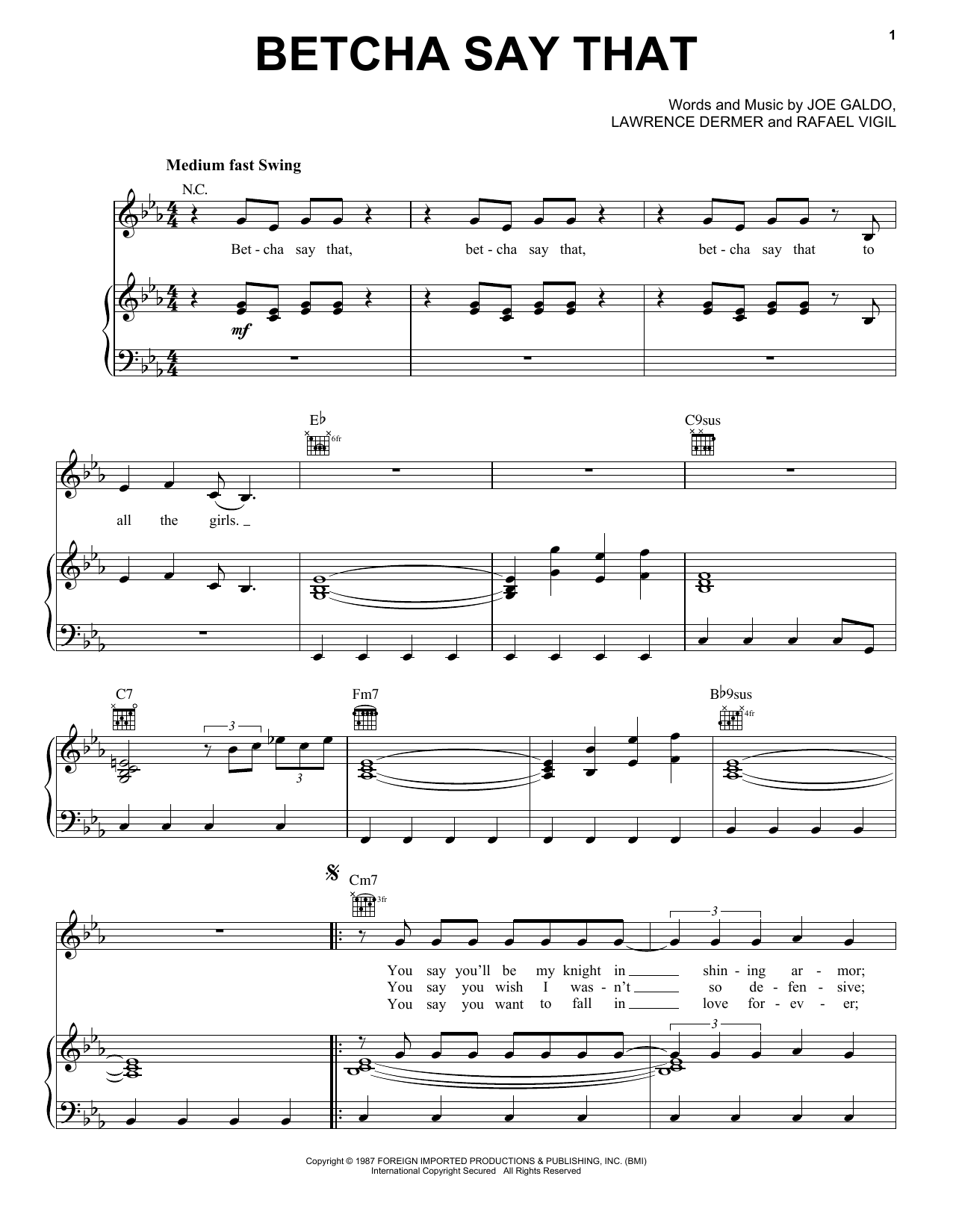 Gloria Estefan & Miami Sound Machine Betcha Say That sheet music, chords, lyrics - Printable PDF for Piano, Vocal & Guitar (Right-Hand Melody)
