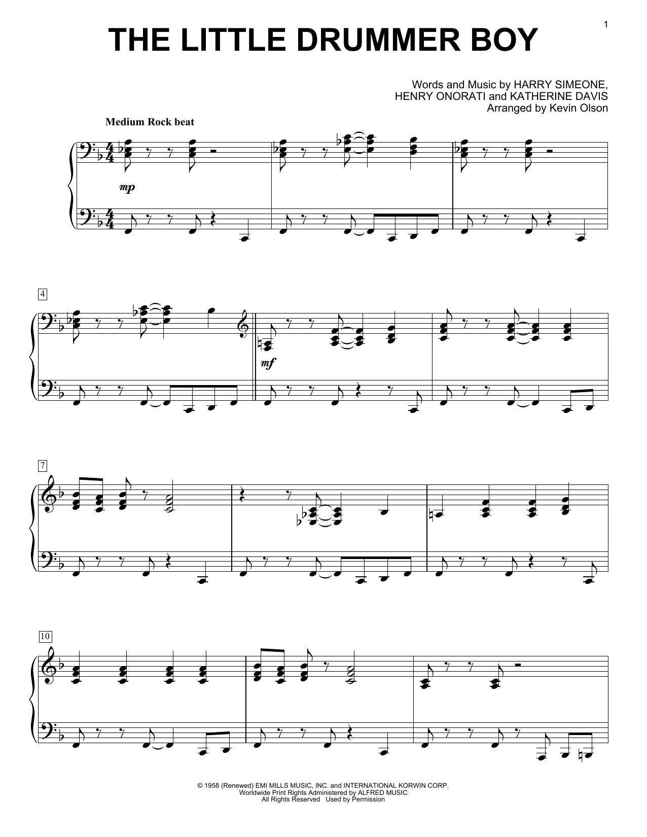 Gloria Gaynor The Little Drummer Boy (arr. Kevin Olson) sheet music, chords, lyrics - Printable PDF for Easy Piano Solo
